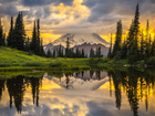 Zachód słońca, Stratowulkan Mount Rainier, Jezioro, Tipsoo Lake, Waszyngton, Stany Zjednoczone, Drzewa, Odbicie