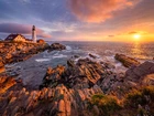 Stany Zjednoczone, Stan Maine, Morze, Skały, Latarnia morska, Portland Head Light, Cape Elizabeth, Wschód słońca
