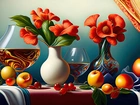 Stół, Wazony, Kwiaty, Kieliszki, Owoce, Jabłka, Digital Art, Kompozycja