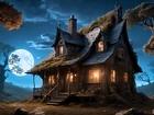 Magiczny, Dom, Drzewa, Noc, Księżyc, 2D