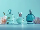 Perfumy, Flakon, Kwiaty, Niebieskie, Tło