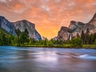 Drzewa, Góry, Formacja skalna, El Capitan, Rzeka, Merced, Park Narodowy Yosemite, Stan Kalifornia, Stany Zjednoczone