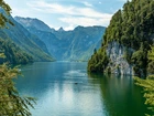 Park Narodowy Berchtesgaden, Jezioro, Konigssee, Góry, Skały, Las, Bawaria, Niemcy