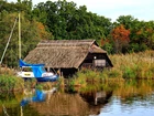 Jezioro, Motorówka, Szopa, Chata, Zarośla