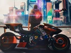 Gra, Cyberpunk 2077, Postać, Mężczyzna, Motocykl, Domy